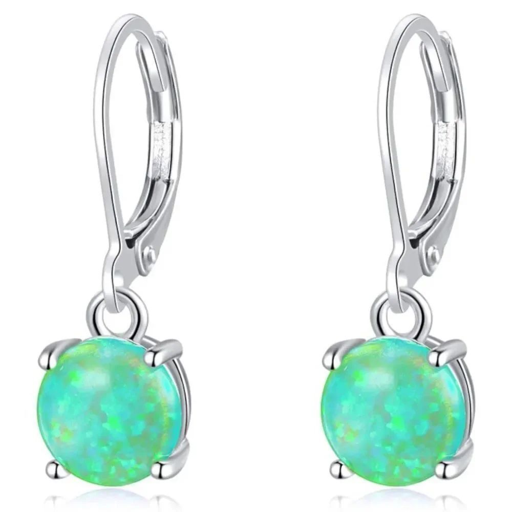 14K White Gold with Round Genuine Green Fire Opal Hoop Leverback Drop Earrings